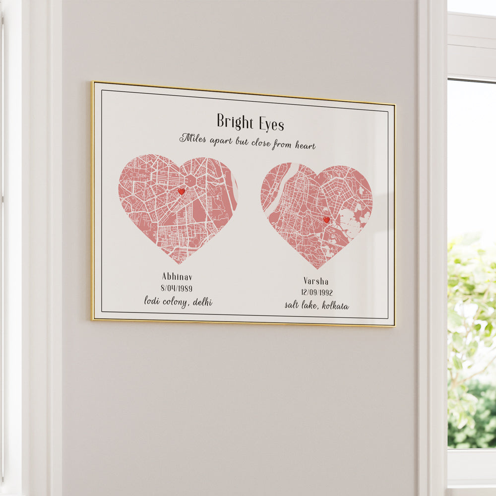 Dual Heart City Map - Baby Pink Nook At You Matte Paper Gold Metal Frame