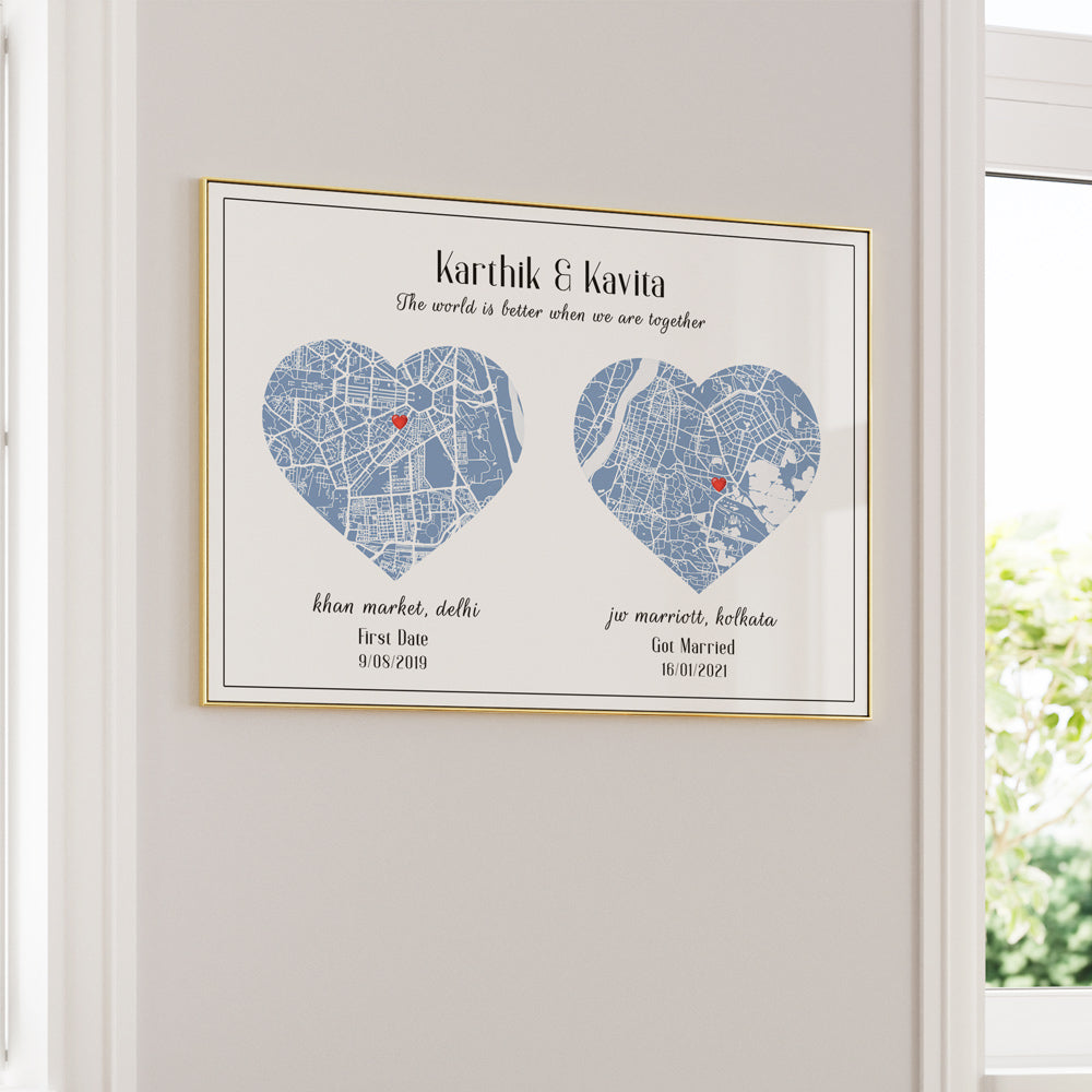 Dual Heart City Map - Powder Blue Nook At You Matte Paper Gold Metal Frame