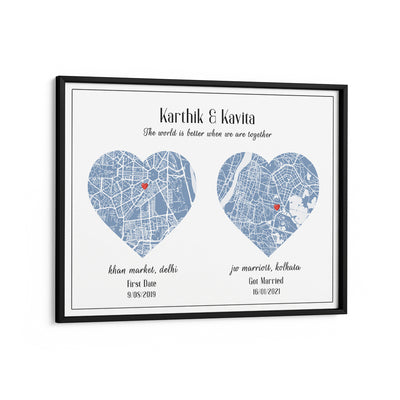 Dual Heart City Map - Powder Blue Nook At You Matte Paper Black Frame