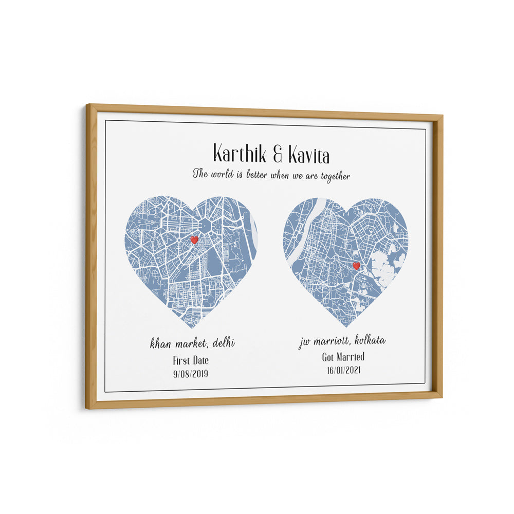 Dual Heart City Map - Powder Blue Nook At You Matte Paper Wooden Frame