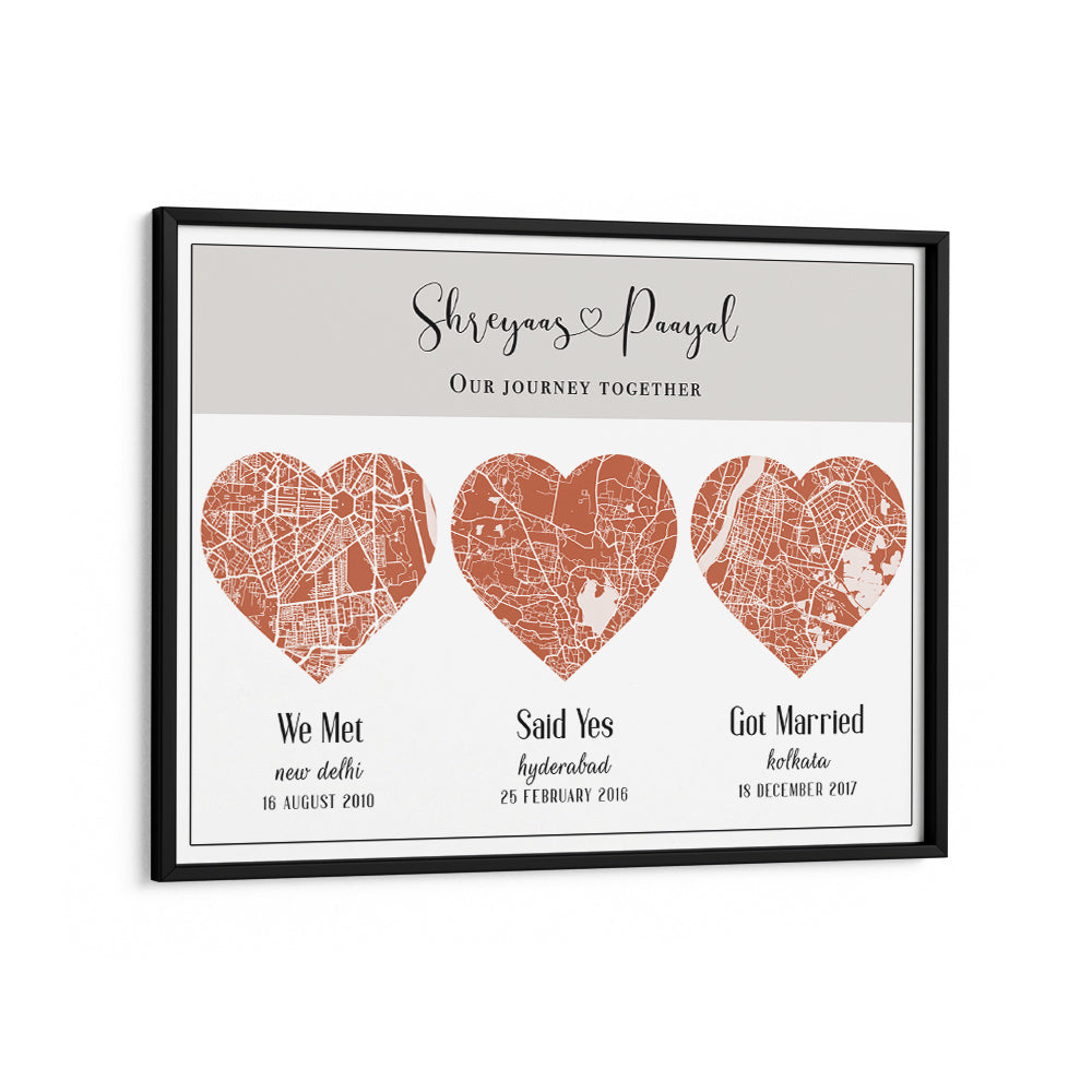 Triple Heart City Map - Burnt Orange Nook At You Matte Paper Black Frame