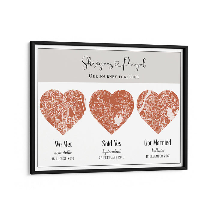 Triple Heart City Map - Burnt Orange Nook At You Matte Paper Black Frame