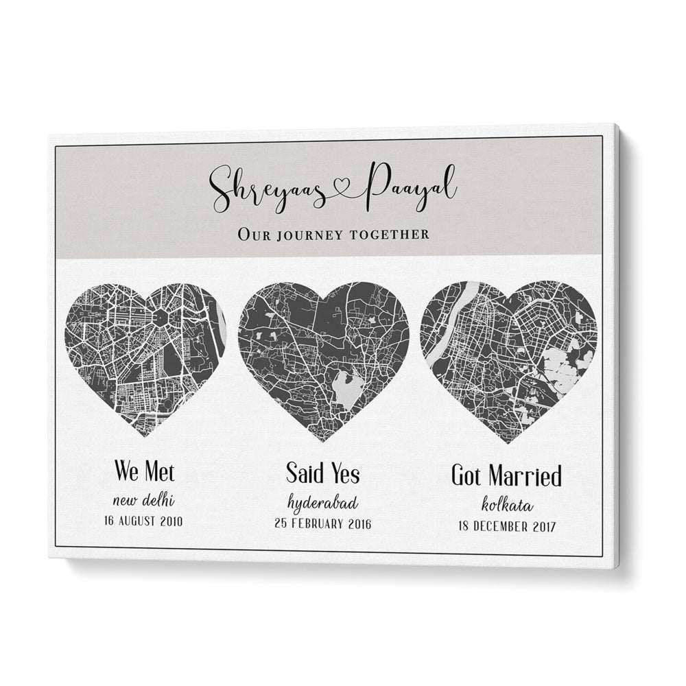 Triple Heart City Map - Slate Grey Nook At You Matte Paper Rolled Art