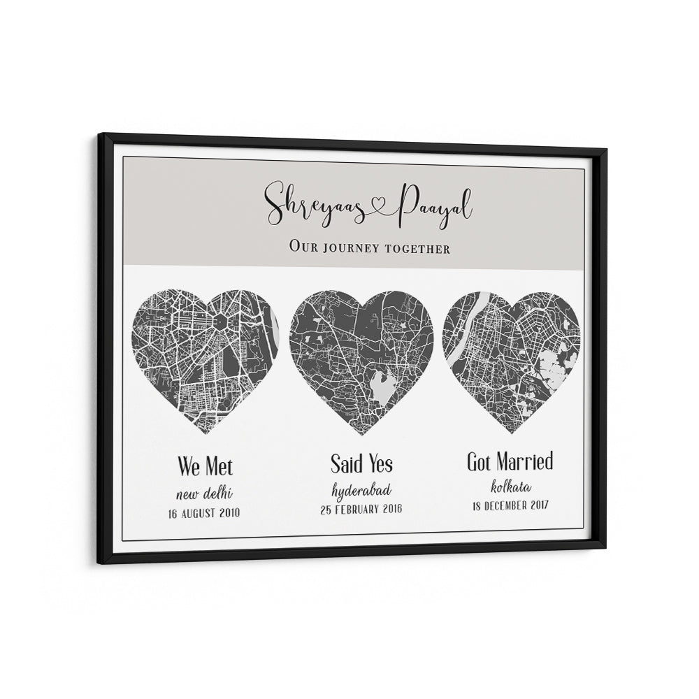Triple Heart City Map - Slate Grey Nook At You Matte Paper Black Frame