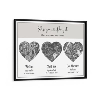 Triple Heart City Map - Slate Grey Nook At You Matte Paper Black Frame