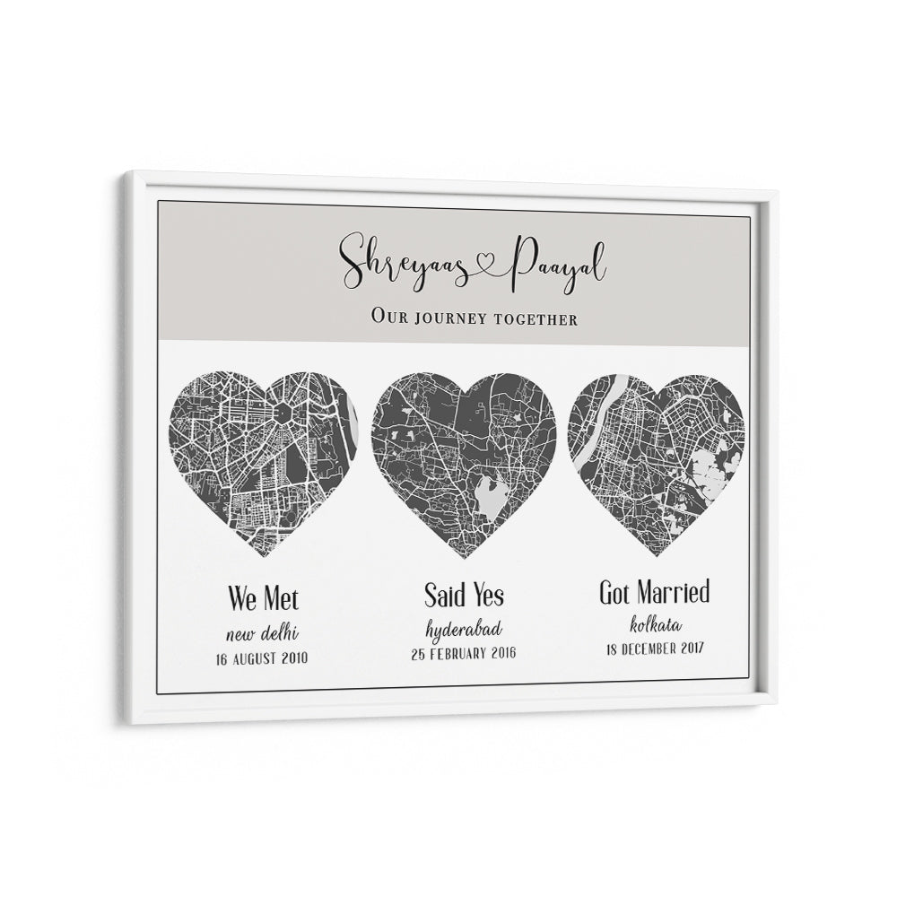 Triple Heart City Map - Slate Grey Nook At You Matte Paper White Frame
