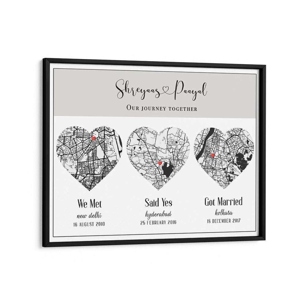 Triple Heart City Map - White Nook At You Matte Paper Black Frame