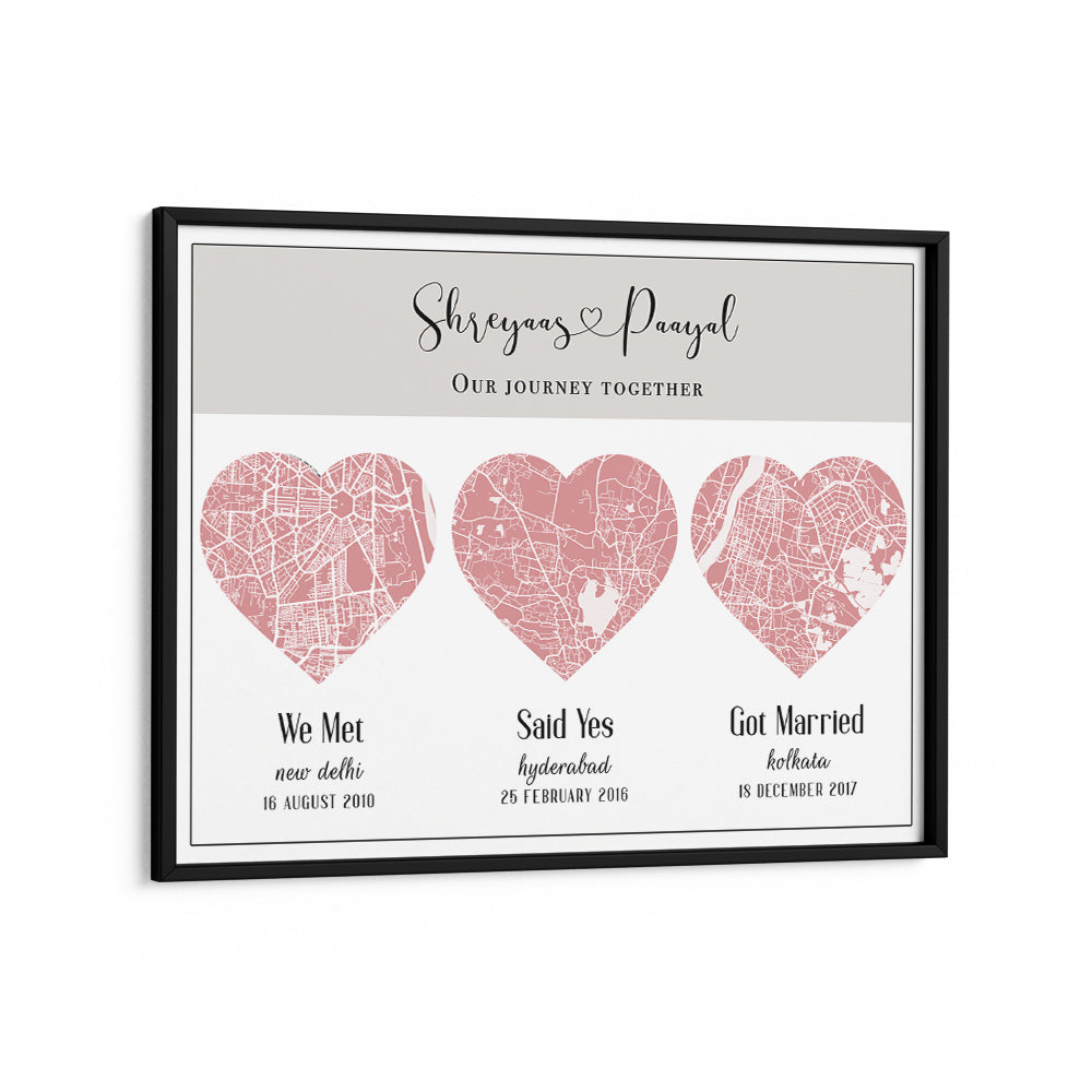 Triple Heart City Map - Baby Pink Nook At You Matte Paper Black Frame