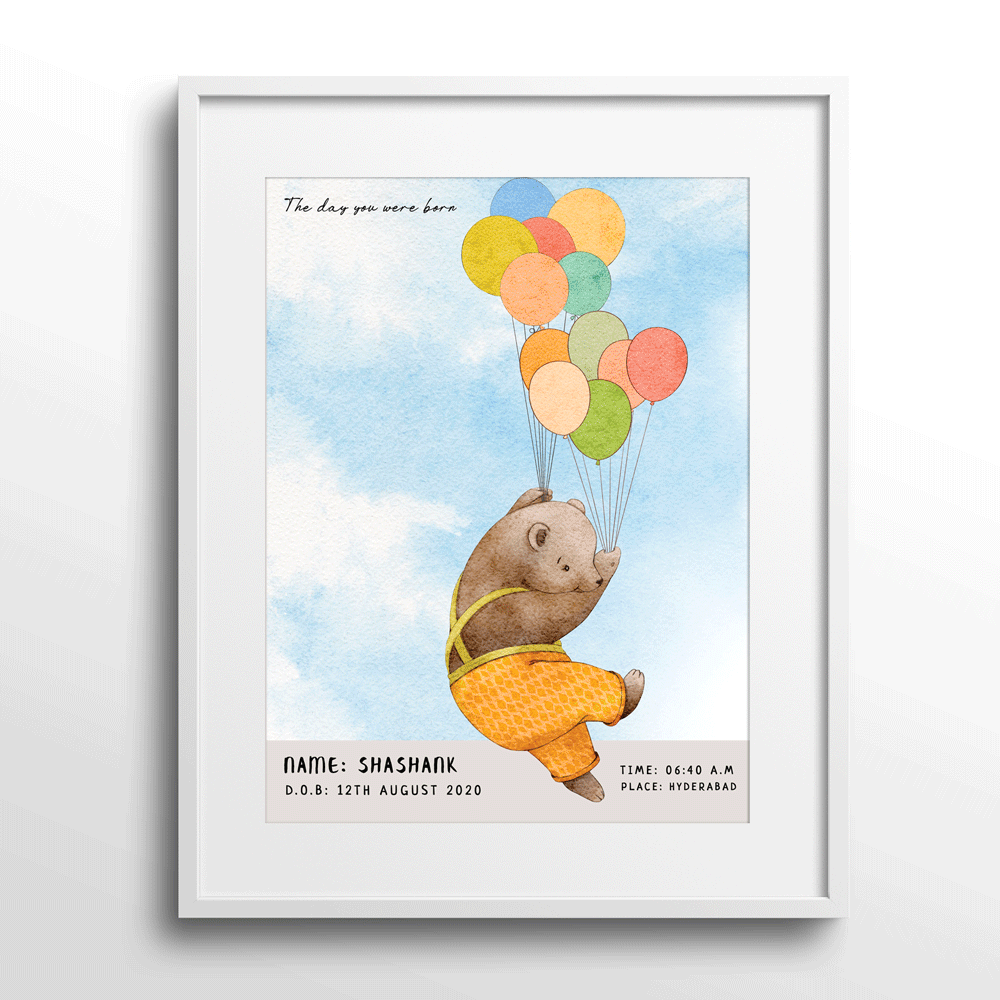 Personalized Birth Poster - Baby Bear Nook At You Matte Paper White Frame With Mount