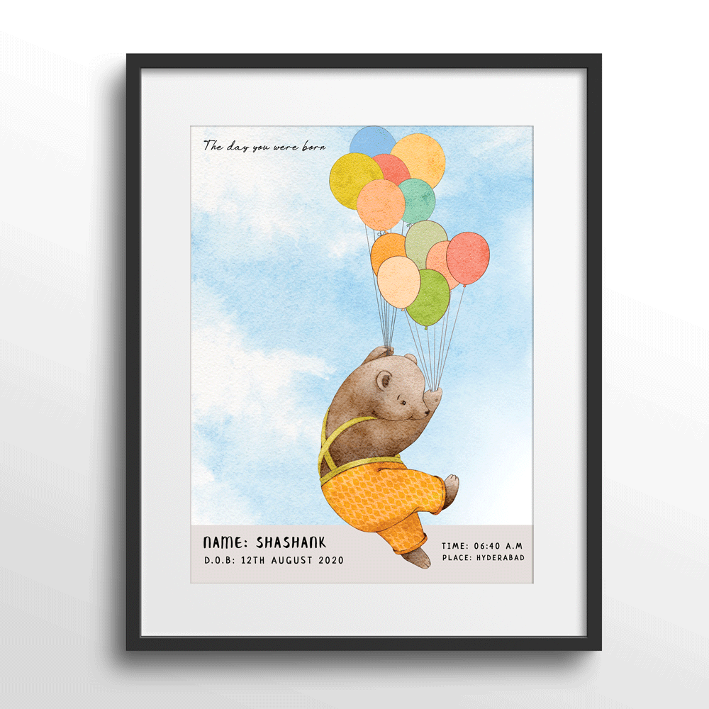 Personalized Birth Poster - Baby Bear Nook At You Matte Paper Black Frame With Mount