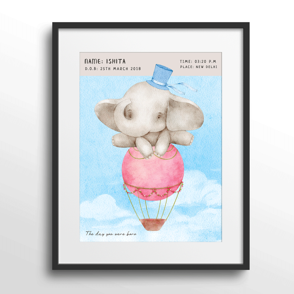 Personalized Birth Poster - Baby Elephant Nook At You Matte Paper Black Frame With Mount