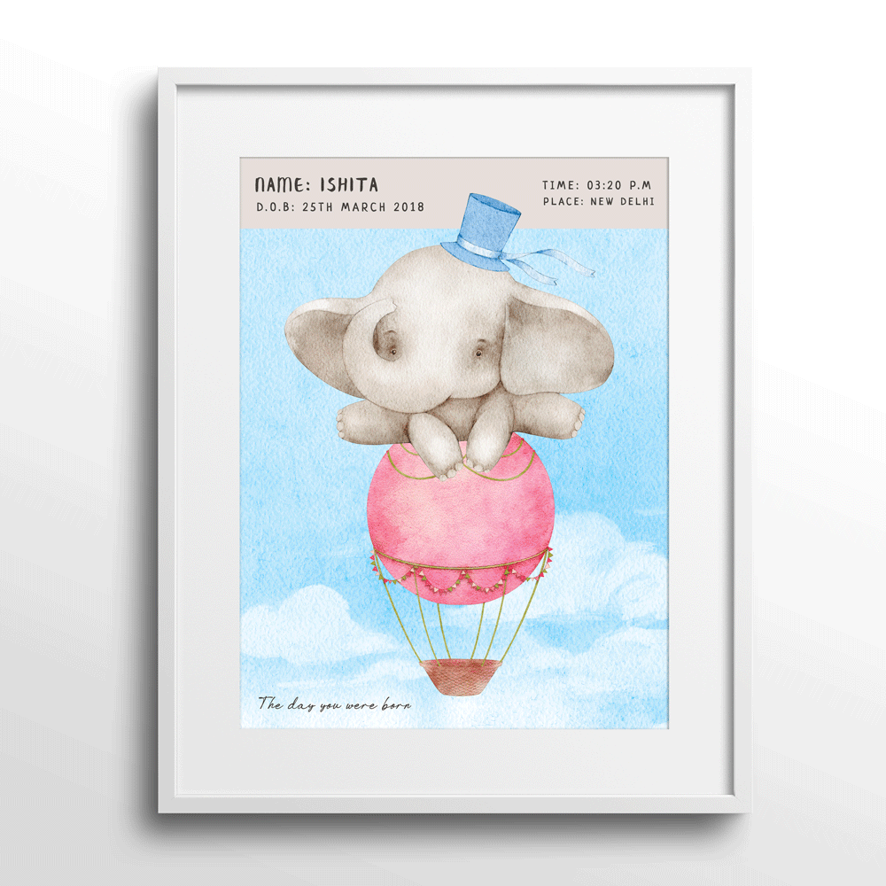 Personalized Birth Poster - Baby Elephant Nook At You Matte Paper White Frame With Mount