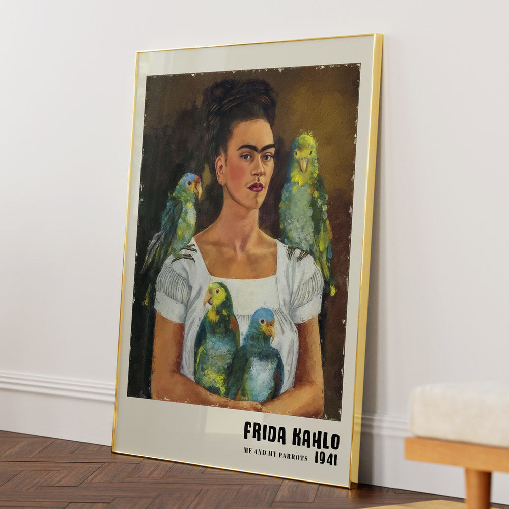 Frida Kahlo - Me & My Parrots (1941) Nook At You Matte Paper Gold Metal Frame