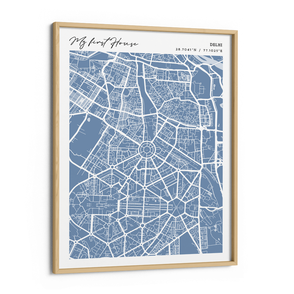 Map Art - Powder Blue - Modern #2 Nook At You Premium Luster Paper Wooden Frame